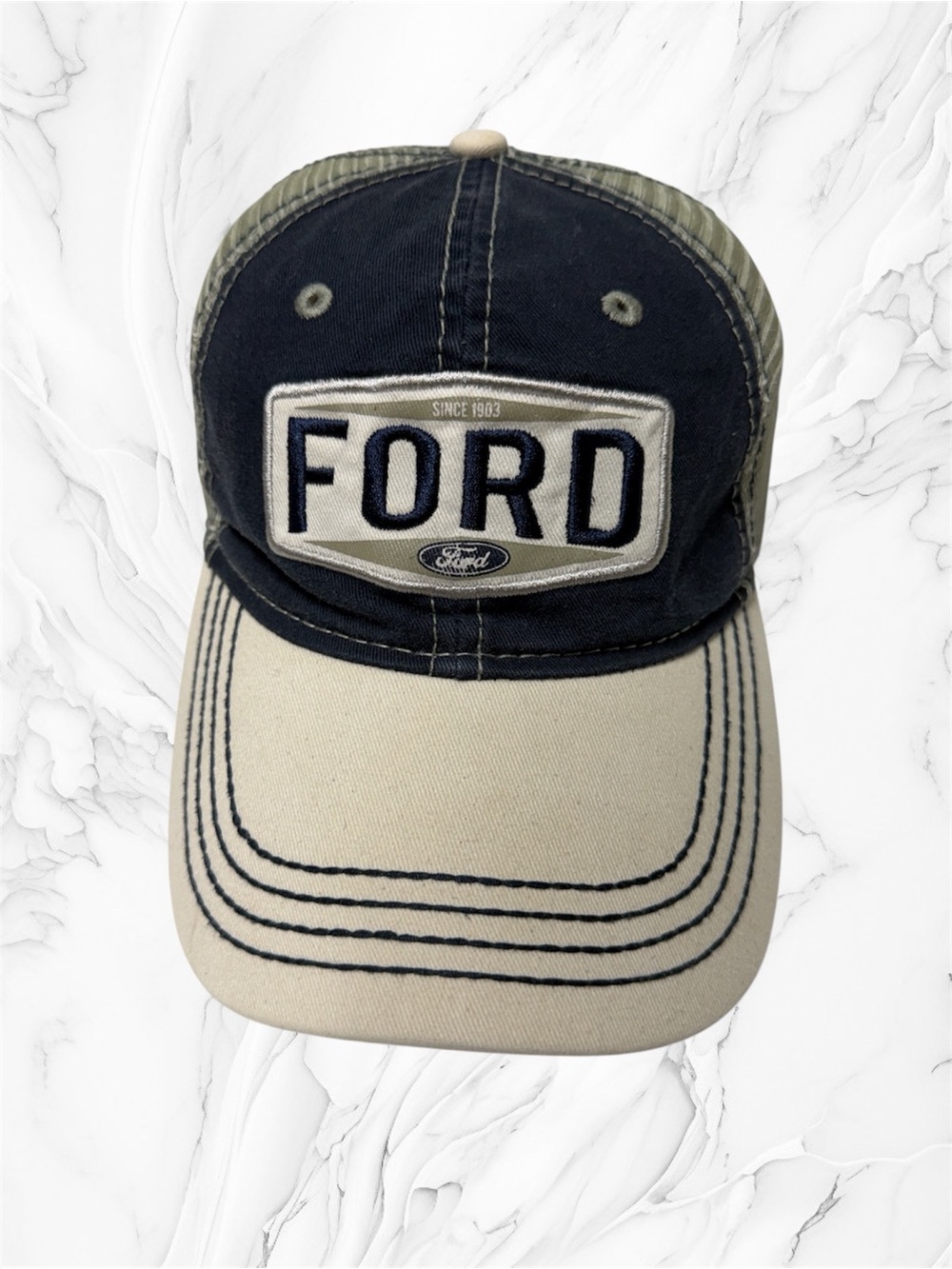 H3 headwear Ford Men's Navy and Cream Patch Trucker Hat adjustable
